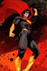  1boy absolute_dc arm_at_side arm_up black_bodysuit black_hair bodysuit boulder cape clenched_hand closed_mouth contrapposto dan_mora dc_comics debris feet_out_of_frame floating_cape floating_hair flying forehead from_below green_eyes halftone hatching_(texture) highres lifting_object looking_ahead male_focus medium_hair midair muscular muscular_male nose official_art orange_sky red_cape serious signature sky solo strong superhero_costume superman superman_(series) superman_logo two-tone_bodysuit unmoving_pattern western_comics_(style) 