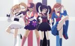  4girls black_hair blonde_hair blue_eyes bow brown_eyes brown_hair dress furisode_girl_(pokemon) furisode_girl_blossom furisode_girl_kali furisode_girl_katherine furisode_girl_linnea highres holding holding_poke_ball kneehighs long_hair multiple_girls one_eye_closed open_mouth orange_hair poke_ball pokemon pokemon_(game) pokemon_xy red_eyes smile twintails vivivoovoo yellow_eyes 