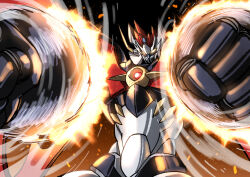  clenched_hands commentary_request glowing glowing_eyes highres mazinger_(series) mazinkaiser mazinkaiser_(robot) mecha mecha_focus no_humans robot rocket_punch science_fiction shouji_nigou solo super_robot upper_body yellow_eyes 