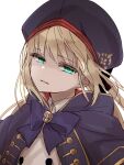  1girl artoria_caster_(fate) artoria_caster_(second_ascension)_(fate) artoria_pendragon_(caster) artoria_pendragon_(fate) bangs blonde_hair blue_eyes blue_headwear bug butterfly buttons collared_shirt eyebrows_visible_through_hair fate/grand_order fate_(series) green_eyes hair_between_eyes hat light_smile long_hair looking_at_viewer non-web_source open_mouth shirt simple_background smile solo twintails white_background white_shirt 