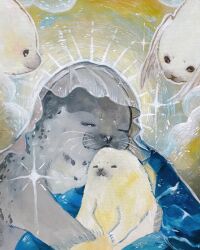  angel animal animal_focus blanket chimera clothed_animal copyright_request cosplay hana_usagi_(pm_nw5) highres jesus jesus_(cosplay) mother_and_child no_humans seal_(animal) traditional_media veil virgin_mary virgin_mary_(cosplay) 