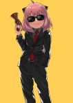  1girl absurdres ahoge anya_(spy_x_family) bangs black-framed_eyewear black_jacket black_pants blazer collared_shirt commentary_request contrapposto cowboy_shot formal grey_shirt hairpods hand_in_pocket hand_up highres holding holding_weapon jacket necktie pants pink_hair red_necktie shirt simple_background smile solo spy_x_family standing sunglasses weapon wing_collar yamada_no_orochi yellow_background 