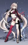  1girl :d absurdly_long_hair ahoge asymmetrical_legwear bangs bikini black_bikini black_footwear black_gloves breasts brown_eyes character_request commentary_request fate/grand_order fate_(series) gloves hair_between_eyes hand_up high_heels highres holding holding_sword holding_weapon katana long_hair long_sleeves medium_breasts open_mouth puffy_long_sleeves puffy_sleeves red_legwear single_thighhigh smile solo strappy_heels suishougensou swimsuit sword thigh-highs uneven_legwear unsheathed v-shaped_eyebrows very_long_hair weapon 