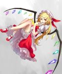  1girl ascot bare_legs blonde_hair bloomers bobby_socks finger_to_mouth flandre_scarlet hat hat_ribbon highres mary_janes open_mouth red_eyes ribbon shoes short_hair side_ponytail skirt skirt_set smile socks solo touhou underwear wings yucca-612 