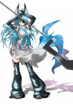  animal_ears blue_eyes blue_hair breasts elbow_gloves eyepatch gloves hands highres long_hair midriff original realmbw weapon 