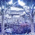  blue dress garden grass highres landscape long_hair original scenery shimetta_oshime sime smile solo 