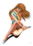  armlet blue_eyes bracer brown_hair crossed_legs dangaioh dangaiou fingernails head_tilt highleg highres hirano_toshihiro legs leotard long_fingernails long_hair mia_alice oldschool scan shiny shiny_clothes shoes simple_background single_thighhigh sitting smile solo thighhighs turtleneck vambraces 