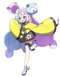 1girl absurdres bow-shaped_hair character_hair_ornament grey_pantyhose hair_ornament hexagon_print highres iono_(pokemon) jacket long_hair low-tied_long_hair multicolored_hair oversized_clothes pantyhose pokemon pokemon_(game) pokemon_sv sharp_teeth single_leg_pantyhose sleeves_past_fingers sleeves_past_wrists solo split-color_hair teeth twintails very_long_sleeves x yellow_jacket yukki_bunny