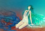  arm_support barefoot chemise closed_eyes dress flat_chest green_hair highres long_hair redjuice saya saya_no_uta sitting slime very_long_hair 