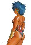  :d armband ass back blue_hair bracer breasts dangaioh dangaiou dark_skin from_behind green_eyes highres hirano_toshihiro leotard lipstick looking_back oldschool open_mouth pai_thunder scan shiny shiny_clothes short_hair sideboob simple_background smile spiked_hair 
