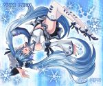  1girl blue_eyes blue_hair cats-bee character_name detached_sleeves hatsune_miku headset high_heels long_hair nail_polish navel necktie open_mouth panties shoes skirt snowflakes solo striped striped_panties thigh-highs twintails underwear very_long_hair vocaloid yuki_miku 