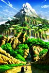  1boy cliff cloud clouds epic forest gold_(pokemon) gold_(pokemon)_(remake) hat highres looking_up mountain nature path pokemon pokemon_(creature) pokemon_(game) pokemon_gsc scenery sei_jun sky tree typhlosion water waterfall 