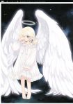  angel aquarian_age bare_foot blonde_hair blue_eyes dress halo kawaku stars wings 