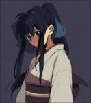  black_hair blue blue_eyes blue_hair blue_ribbon bow chizuru_(rurouni_kenshin) dark female grainy inat japanese_clothes kamiya_kaoru kimono long_hair payot ponytail ribbon rurouni_kenshin simple_background solo tani_(inat) 