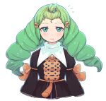  1girl alternate_hairstyle drill_hair fire_emblem fire_emblem:_three_houses flayn_(fire_emblem) forehead garreg_mach_monastery_uniform green_eyes green_hair hair_bobbles hair_ornament kutabireta_neko simple_background solo topknot upper_body white_background 