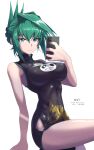  1girl absurdres bangs bare_shoulders black_dress breasts china_dress chinese_clothes covered_navel covered_nipples dragon_print dress english_commentary green_eyes green_hair hair_between_eyes hair_intakes highres holding holding_phone large_breasts looking_at_viewer oni-sanart phone selfie shaman_king short_hair sleeveless sleeveless_dress spiky_hair tao_jun taut_clothes taut_dress updo 