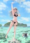  1girl armpits bikini black_bikini black_hair bowsan commentary grey_hair highres hololive long_hair multicolored_hair ocean red_eyes sakamata_chloe solo streaked_hair swimsuit virtual_youtuber water 