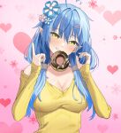  1girl absurdres ahoge bangom_r bangs blue_hair blue_nails blush breasts doughnut elf eyebrows_visible_through_hair flower food food_in_mouth grin hair_between_eyes hair_flower hair_ornament hair_over_shoulder hairclip heart heart_ahoge heart_background highres hololive large_breasts long_hair long_sleeves looking_at_viewer mouth_hold nail_polish pink_background pointy_ears smile solo sweater twintails upper_body virtual_youtuber yellow_eyes yellow_sweater yukihana_lamy 