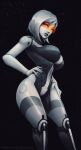  1girl android black_background black_lips breasts edi_(mass_effect) english_commentary grey_hair hands_on_hips highres imp_(impractical) joints large_breasts lips mass_effect_(series) mass_effect_3 metal_skin narrow_waist orange-tinted_eyewear robot_joints short_hair solo space tinted_eyewear visor 