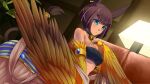  1girl animal_ears artist_request bare_shoulders blue_eyes blue_eyeshadow breasts brown_hair earrings eyeshadow feathered_wings game_cg jewelry lion_tail makeup monster_girl monster_musume_no_iru_nichijou monster_musume_no_iru_nichijou_online nemes_(monster_musume) official_art short_hair small_breasts solo tail tan taur winged_arms wings 