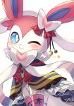 ;) blue_eyes blush bright_pupils closed_mouth commentary_request frills highres katsukare looking_at_viewer no_humans one_eye_closed pokemon pokemon_(creature) ribbon smile solo star_(symbol) sylveon white_background white_pupils 
