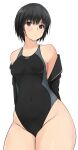  1girl amagami bangs bare_shoulders black_cardigan black_hair black_sailor_collar black_swimsuit blue_swimsuit breasts brown_eyes cardigan collarbone commentary competition_swimsuit covered_navel cowboy_shot eyebrows_visible_through_hair groin highleg highres kibito_high_school_uniform light_blush looking_at_viewer medium_breasts nanasaki_ai off_shoulder one-piece_swimsuit open_cardigan open_clothes parted_lips sailor_collar school_uniform serafuku short_hair simple_background solo swimsuit swimsuit_under_clothes undressing white_background yoo_tenchi 