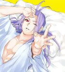  1boy antenna_hair blue_hair collarbone imuro long_hair looking_at_viewer lying male_focus on_back one_eye_closed open_clothes open_mouth outstretched_hand pectorals pillow ponytail red_eyes shishiwakamaru solo upper_body yu_yu_hakusho 