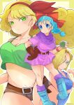  3girls android_18 aqua_eyes aqua_footwear aqua_hair belt black_belt black_gloves blonde_hair blue_eyes blue_shirt boots bow braid braided_ponytail breasts brown_shorts bulma closed_mouth collared_shirt cropped_shirt dragon_ball dragon_ball_(classic) dress frown glaring gloves green_eyes green_shirt hair_over_one_eye hair_pulled_back hair_ribbon hair_tie_in_mouth hand_on_hip highres holding holster leaning_forward long_hair looking_at_viewer looking_to_the_side lunch_(dragon_ball) medium_breasts micro_shorts midriff mouth_hold multiple_girls namatyoco navel open_mouth pink_dress purple_legwear red_bow red_ribbon ribbon shirt short_dress short_hair short_sleeves shorts single_braid smile socks standing standing_on_one_leg tank_top thigh_gap twitter_username 