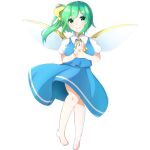  1girl ascot barefoot bow daiyousei dress fairy_wings full_body green_eyes green_hair knees_together_feet_apart looking_at_viewer own_hands_together puffy_short_sleeves puffy_sleeves shirt short_sleeves skirt skirt_set smile solo touhou user_tvdy5433 white_background white_legwear white_shirt wings 