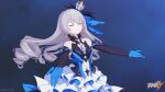  1girl bare_shoulders black_gloves blue_dress blue_gloves bronya_zaychik bronya_zaychik_(herrscher_of_reason) closed_eyes clothing_cutout crown dress drill_hair earrings elbow_gloves frilled_dress frills gloves grey_hair highres honkai_(series) honkai_impact_3rd jewelry long_hair multicolored_clothes multicolored_dress multicolored_gloves navel navel_cutout official_art parted_lips sleeveless sleeveless_dress white_dress 