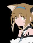  animal_ear_fluff animal_ears arknights bangs bare_shoulders black_background blue_hairband braid brown_hair eyebrows_visible_through_hair fox_ears green_eyes hair_between_eyes hair_rings hairband highres looking_at_viewer multicolored_hair parted_lips shirt sidelocks simple_background suzuran_(arknights) tetuw twin_braids two-tone_hair upper_body white_shirt 