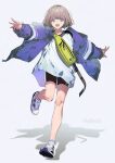  1girl :d bike_shorts fanny_pack full_body grey_hair highres idolmaster idolmaster_shiny_colors jacket leg_up looking_at_viewer open_clothes open_jacket outstretched_arms oversized_clothes oversized_shirt purple_jacket serizawa_asahi shadow shirt shoes short_hair simple_background smile sneakers solo white_background white_shirt yomizu 