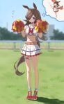  1girl animal_ears belt blurry blurry_background brown_hair closed_mouth cosplay crop_top crop_top_overhang day flying_sweatdrops full_body grass hair_over_one_eye highres holding holding_pom_poms horse_ears horse_girl horse_tail hoshinopurin layered_skirt long_hair midriff navel nice_nature_(run&amp;win)_(umamusume) nice_nature_(umamusume) nice_nature_(umamusume)_(cosplay) outdoors pom_pom_(cheerleading) red_footwear rice_shower_(umamusume) sailor_collar shadow shirt shoes skirt sleeveless sleeveless_shirt sneakers socks solo standing tail thigh_strap thought_bubble umamusume violet_eyes white_legwear white_shirt white_skirt 