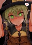  1girl absurdres bangs black_headwear bow closed_mouth ddok eyebrows_visible_through_hair glowing glowing_eyes green_eyes green_hair hat hat_bow heart highres komeiji_koishi looking_at_viewer pov short_hair smile solo spoken_heart steaming_body sweat touhou upper_body yellow_bow 
