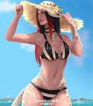  1girl au_ra avatar_(ff14) bikini black_hair breasts chichicl choker day dragon_horns dragon_tail final_fantasy final_fantasy_xiv flower green_eyes hand_on_headwear hat hat_flower highres horns lips long_hair looking_to_the_side medium_breasts mountainous_horizon multicolored_hair navel outdoors scales solo standing striped striped_bikini sun_hat swimsuit tail two-tone_hair water 