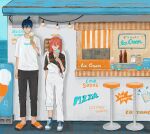  1boy angel_devil_(chainsaw_man) angel_wings bangs bar_stool beer_mug black_hair black_pants blue_footwear chainsaw_man cinder_block cup feathered_wings food fuyukonbu hair_between_eyes halo hayakawa_aki highres holding holding_ice_cream ice_cream ice_cream_cone jumper_pants light long_hair looking_at_another mug ocean pants pants_rolled_up redhead sandals shoes shop short_hair short_sleeves sign slippers sneakers standing stool storefront topknot white_wings wings 