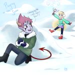 1boy 1girl blonde_hair blue_eyes blush boots bow clouds coat couple devil_tail earmuffs earring fur_trim gloves horns magic_wand mittens pants red_eyes redhead sharp_teeth skirt snow snowball star_butterfly star_vs_the_forces_of_evil third_eye tom_lucitor wand