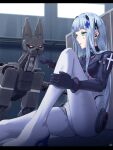  1girl bangs black_gloves blue_hair bodysuit boots breasts eyebrows_visible_through_hair flatbox girls_frontline gloves green_eyes hair_ornament hairclip headphones high_heel_boots high_heels highres hk416_(girls&#039;_frontline) hk416_(midnight_evangelion)_(girls&#039;_frontline) long_hair long_sleeves looking_at_object medium_breasts official_alternate_costume on_floor open_mouth pilot_suit robot_dog solo teardrop_facial_mark teardrop_tattoo tight 