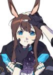  1girl 1other absurdres amiya_(arknights) animal_ears arknights bangs black_gloves black_jacket blue_eyes blush brown_hair commentary_request fingerless_gloves gloves hair_between_eyes highres infection_monitor_(arknights) jacket jewelry lizhe long_hair long_sleeves looking_at_viewer rabbit_ears ring simple_background solo_focus upper_body white_background 