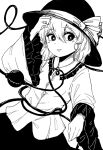  1girl bow frills greyscale hair_between_eyes hat hat_bow heart highres jack_masser komeiji_koishi light_smile long_sleeves looking_to_the_side monochrome shirt short_hair skirt solo third_eye touhou wide_sleeves 