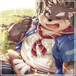  1boy animal_ears animal_nose belly blue_eyes blue_shirt brown_fur dappled_sunlight dog_boy dog_ears eating eyebrow_cut fangs fangs_out food framed furry furry_male hinami_(ryuusei_potechi) light_rays looking_at_viewer male_focus moritaka_(housamo) neckwear_request one_eye_closed onigiri open_mouth plump scar scar_on_arm scar_on_cheek scar_on_face scar_on_nose scout_uniform shirt short_hair signature smile snout solo sunlight thick_eyebrows tokyo_afterschool_summoners tree_shade upper_body white_shirt 