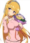  1girl bangs blonde_hair blunt_bangs blush bouquet breasts comala_(komma_la) double_bun eyebrows_visible_through_hair fletcher_(kancolle) flower hair_ornament headgear highres holding holding_bouquet kantai_collection long_hair long_sleeves looking_at_viewer medium_breasts official_alternate_costume parted_lips pink_flower purple_flower simple_background solo star_(symbol) star_hair_ornament upper_body violet_eyes white_background yellow_flower 