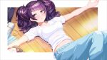  1girl bag bangs blue_pants blush breasts closed_mouth commentary_request diagonal_bangs drawstring feet_out_of_frame idolmaster idolmaster_shiny_colors knees_up lying medium_breasts midriff_peek navel o_(rakkasei) on_back on_floor outstretched_arms pants purple_hair see-through shirt short_sleeves solo spread_arms tanaka_mamimi violet_eyes wet wet_clothes wet_shirt white_shirt wooden_floor 