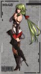  1girl absurdres annno_ans back bangs barcode bare_shoulders black_footwear black_gloves black_legwear blush boots breasts character_name commentary commission crop_top eyebrows_visible_through_hair full_body girls_frontline gloves green_hair gun hair_ornament hairclip hand_on_own_face high_heel_boots high_heels highres holding holding_gun holding_weapon large_breasts legs long_hair looking_at_viewer looking_to_the_side machine_gun mk48 mk48_(girls&#039;_frontline) open_mouth parted_lips ponytail red_eyes red_shorts shorts sideboob simple_background single_glove skeb_commission sleeveless smirk solo standing thigh-highs weapon 