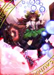  1girl :d absurdres arm_cannon black_hair black_legwear bow breasts brown_hair calpis118 cape danmaku foreshortening hair_bow highres long_hair looking_at_viewer open_mouth perspective red_eyes reiuji_utsuho shirt skirt smile solo thigh-highs touhou weapon wings 