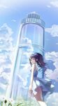  1girl absurdres blue_sky blush breasts closed_mouth clouds dress flower frills highres hyonee long_hair looking_at_viewer medium_breasts ponytail project_sekai purple_hair sky solo standing sundress tower violet_eyes white_bird white_dress white_flower 