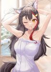  1girl absurdres animal_ear_fluff animal_ears armpits arms_up bangs bare_arms black_hair blush breasts closed_mouth collarbone dated hair_ornament hair_tie hair_tie_in_mouth highres hololive long_hair looking_at_viewer medium_breasts mouth_hold multicolored_hair naked_towel ogura_toast one_eye_closed ookami_mio orange_eyes redhead signature solo streaked_hair tail towel tying_hair upper_body virtual_youtuber wet white_towel wolf_ears wolf_girl wolf_tail 