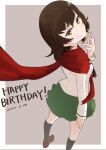  1girl absurdres bangs birthday black_legwear blouse border brown_eyes brown_footwear brown_hair caesar_(girls_und_panzer) closed_mouth commentary dated dutch_angle english_text from_behind girls_und_panzer green_skirt grey_background happy_birthday highres loafers long_sleeves looking_at_viewer looking_back miniskirt neckerchief ooarai_school_uniform oritako outside_border pleated_skirt red_scarf sailor_collar scarf school_uniform serafuku shirt shoes short_hair simple_background skirt smile socks solo standing white_border white_sailor_collar white_shirt wind 