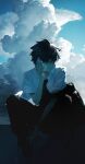  1boy bangs black_hair black_pants blue_sky cellphone closed_mouth clouds full_body highres holding holding_phone male_focus original outdoors pants phone rella shirt short_hair sitting sky smartphone solo white_shirt 