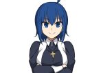  1girl ahoge bangs blue_eyes blue_hair breasts ciel_(tsukihime) closed_mouth cross crossed_arms eyebrows_visible_through_hair jewelry large_breasts melty_blood melty_blood:_type_lumina oyaji-sou pendant short_hair simple_background smile solo tsukihime tsukihime_(remake) upper_body white_background 